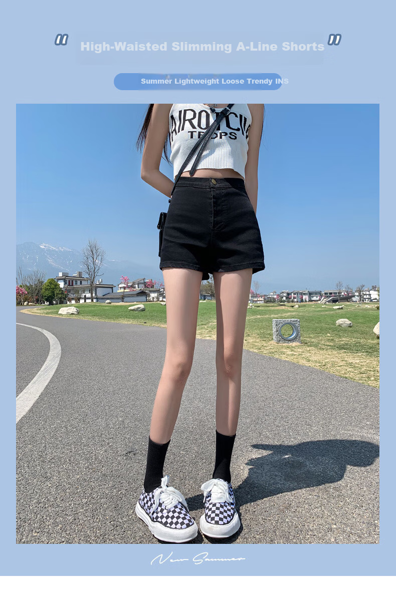 LangSha Black Denim Shorts for Women, Summer New Style Versatile High-Waisted Slimming Trendy Hot Girl Fashion Elastic Hot Pants 2