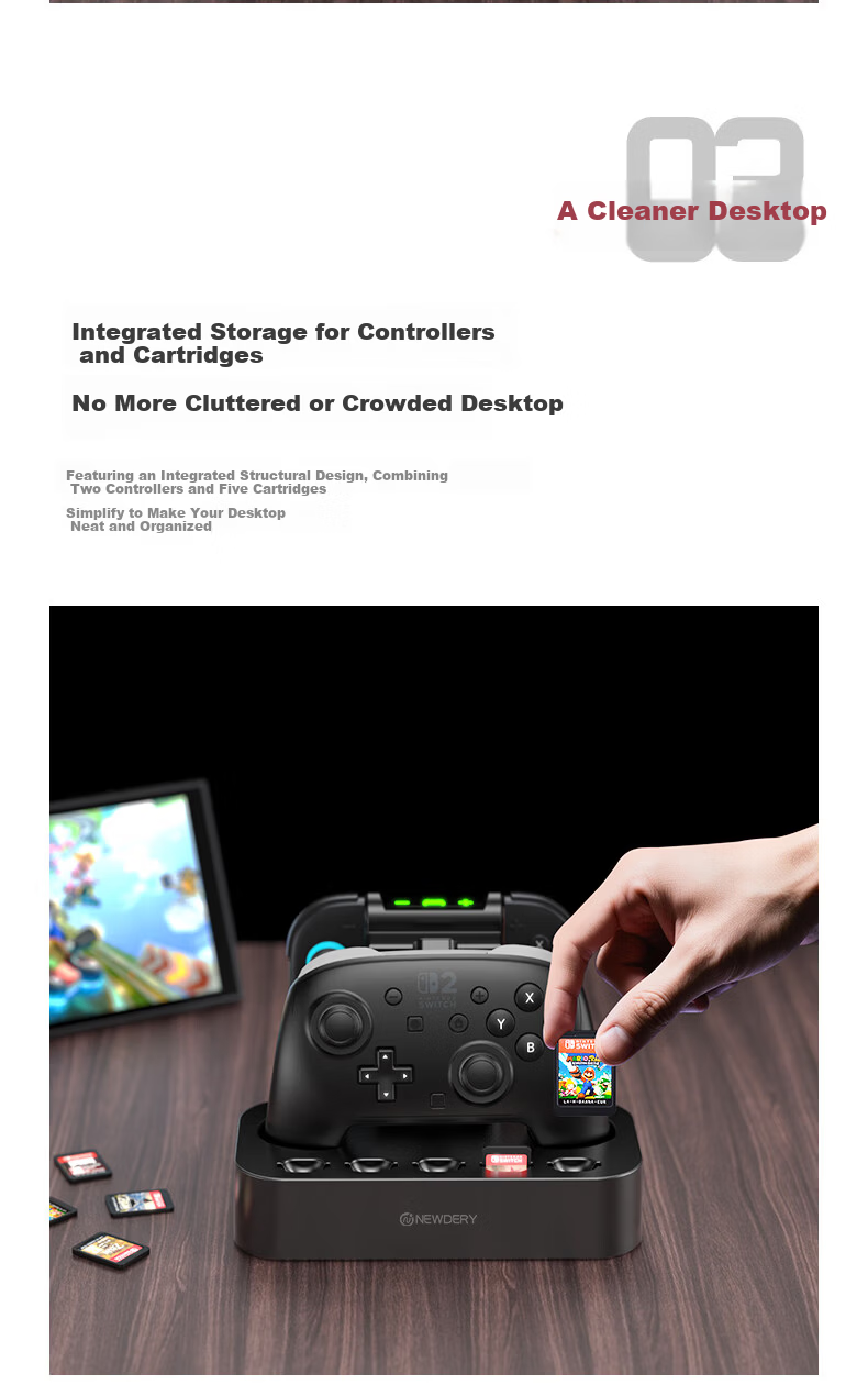 NEWDERY Nintendo Switch 2 Pro Controller Charging Dock Joycon 2 Charging Base NS2 Split Controller Charger Cartridge Storage Stand Gaming Controller Accessories 8