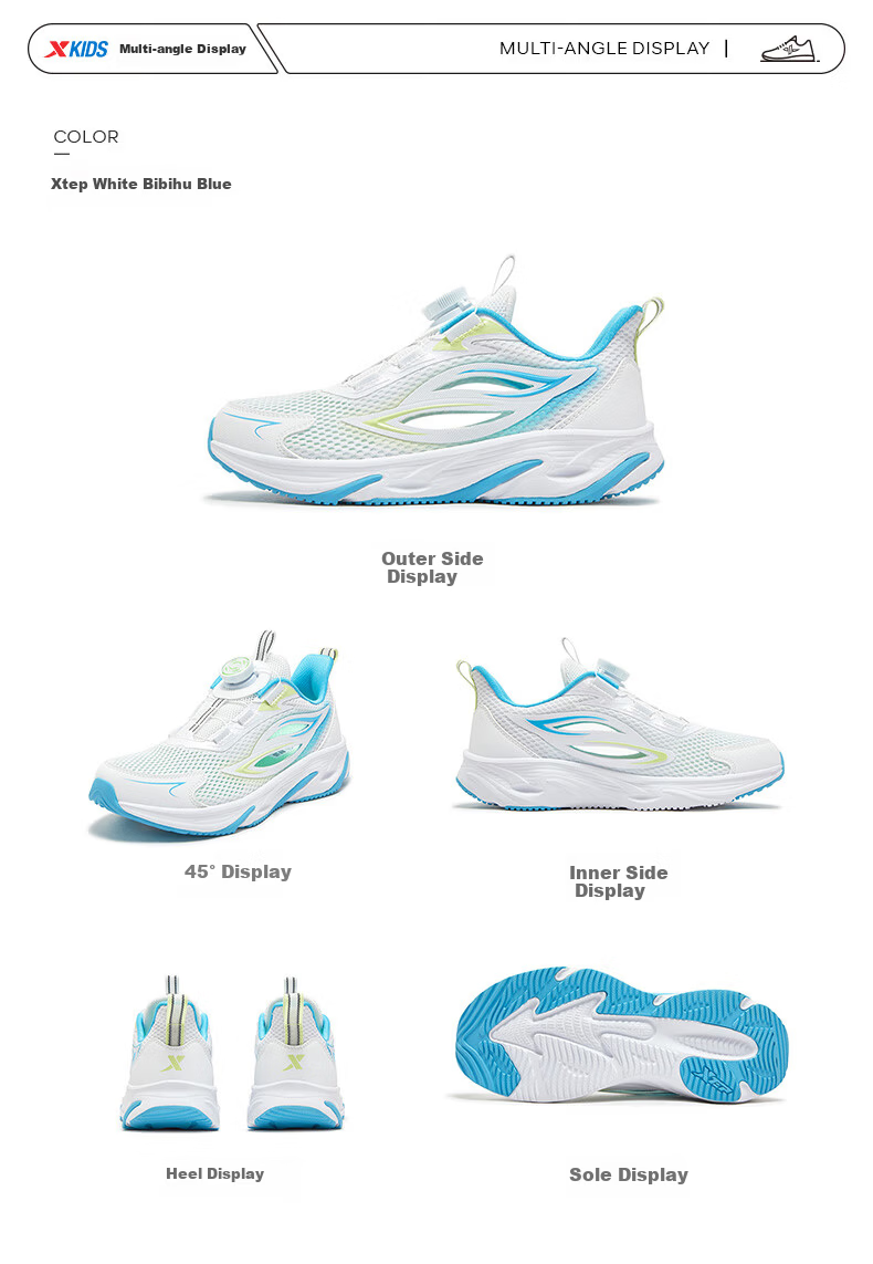 XTEP Children's Shoes Boys' Big Kids Mesh Leather Shock-Absorbing Rotating Buckle Running Shoes XTEP White/black/Colorful Blue 37 6