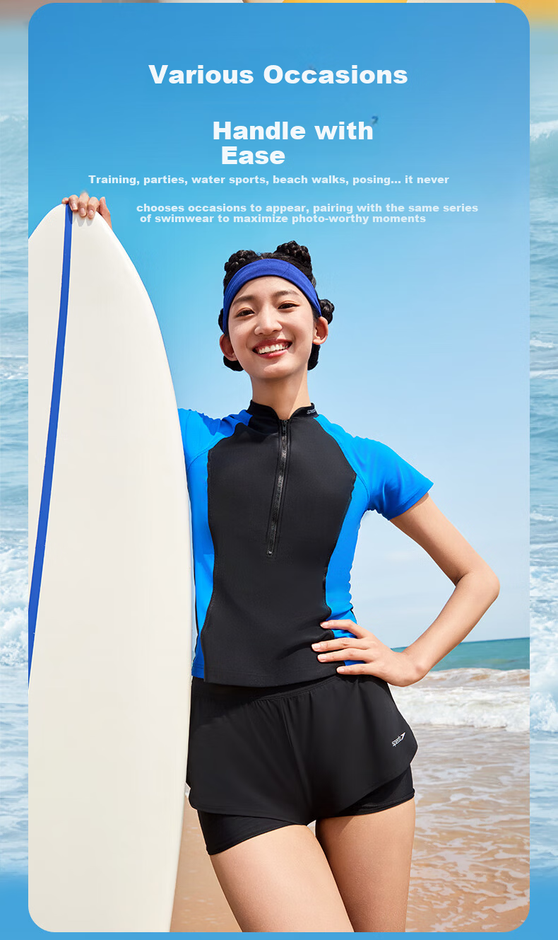 Speedo Free Freedom Series Iyaran Sun Protection High Neck Colorblock Short Sleeve Swimsuit Top Women Beach Hot Spring Aurora Blue 4