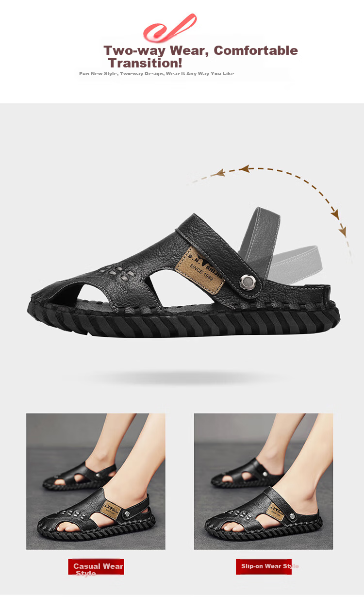 Bull Family Leather Sandals Summer Beach Shoes Men's Driving Outdoor Casual Trendy Soft Leather Soft Sole Handmade Hole Sandals 18