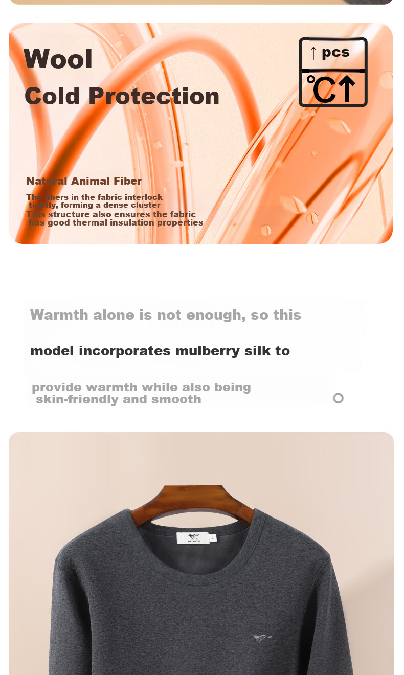 SEPTWOLVES Men's Autumn Winter Thermal Underwear Wool and Mulberry Silk Fleece Thickened Warm Top Cold Protection Shirt 5