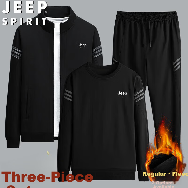 JEEP SPIRIT Men's 3-Piece Set Spring Autumn Jacket Sweatshirt Casual Pants Black 2XL