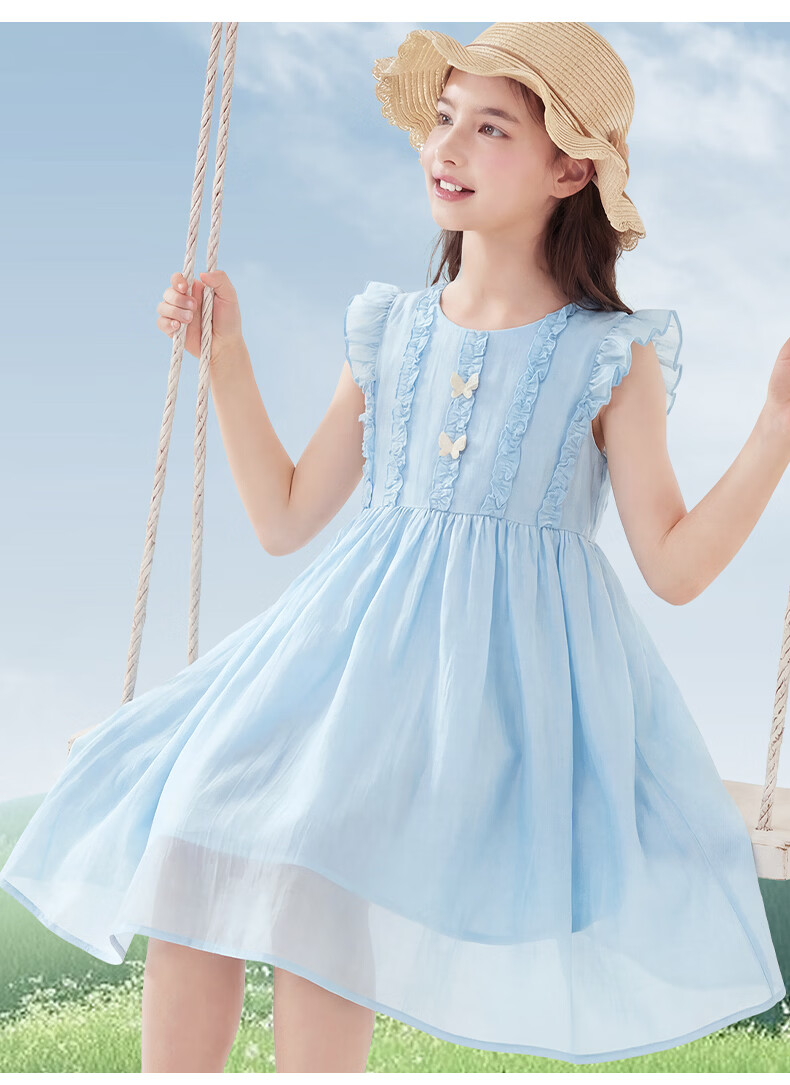 Disney Girls' Tencel Dress Summer New Princess Dress for Older Girls 1A113 Sky Blue 150 12