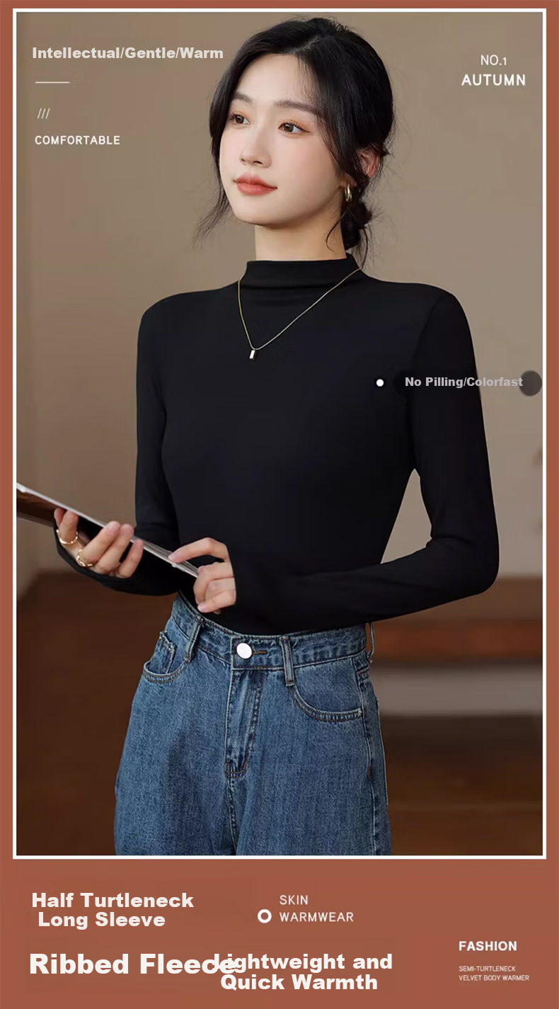 LangSha Semi-Turtleneck Base Layer for Women, New Autumn And Winter Thickened Fleece Ribbed Long-Sleeve Slim-Fit Antibacterial Anti-Mite Inner Top 1