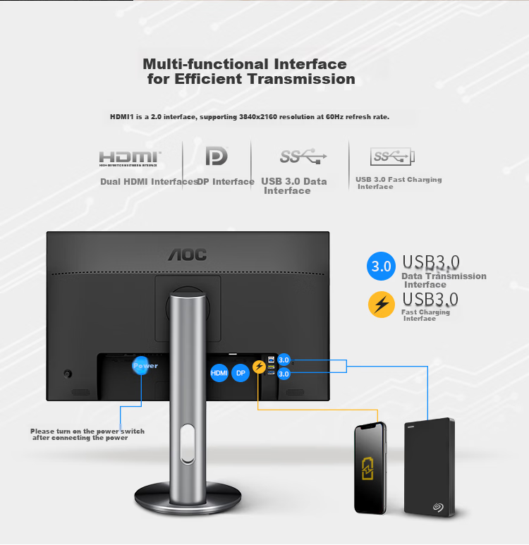 AOC 27-inch 4K IPS Wide Viewing Angle 99% sRGB Commercial Office Energy-saving Low Blue Light Flicker-free Three-sided Micro-edge Mac Mini Monitor U2790PQU 15