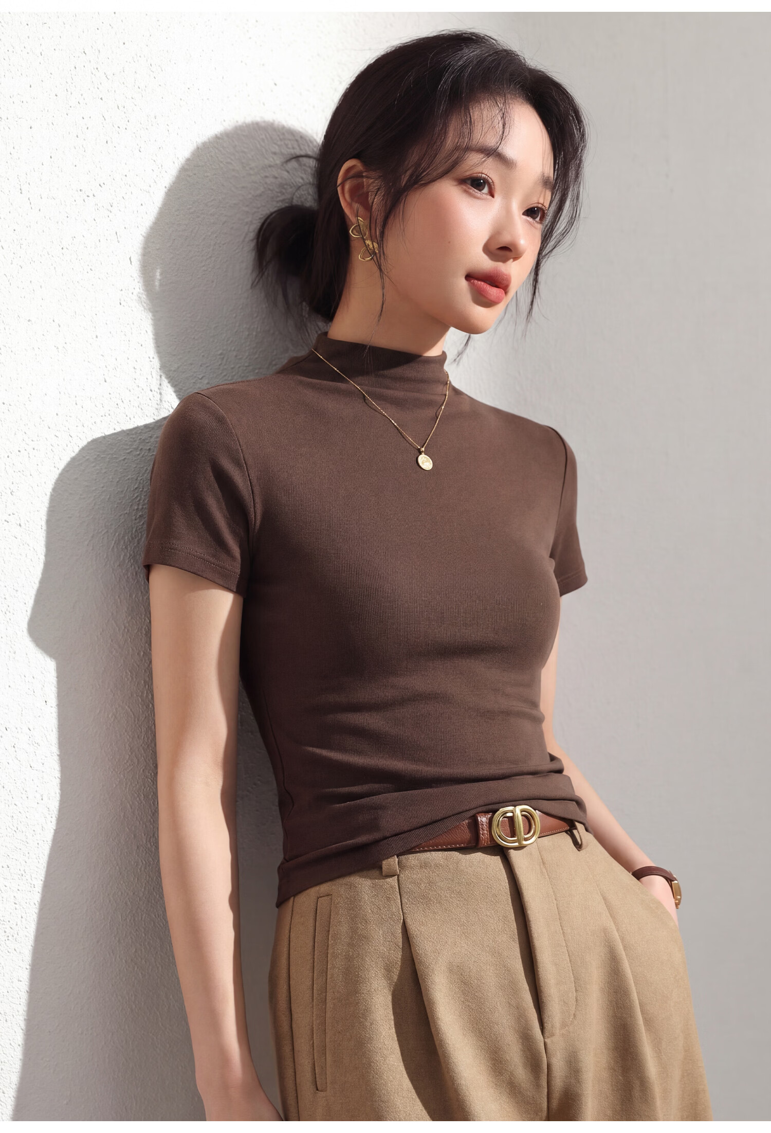 Miiow Women's Half Turtleneck T-Shirt 2026 New Summer Cool Slim Fit Waist-Enhancing Short Sleeve American Style Basic Layering Top 21