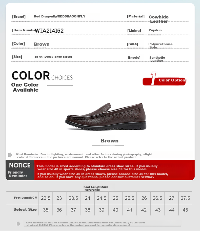 Red Dragonfly Men's Cowhide Slip-On Leather Shoes Business Casual Loafers for Men Dad Shoes WTA214152 Brown Size 38 3