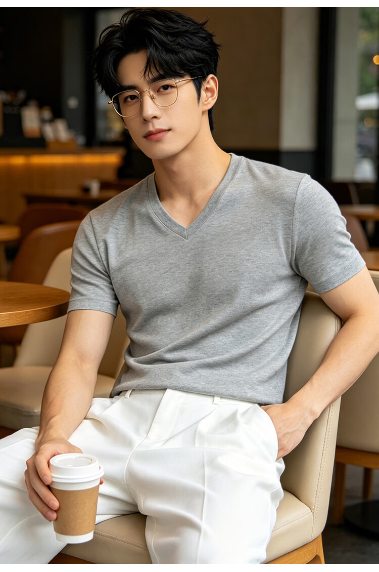 Miiow Men's Heavyweight V-Neck Modal Cotton Short Sleeve T-Shirt High-End Business Breathable Versatile Commuter Casual Base Shirt 18