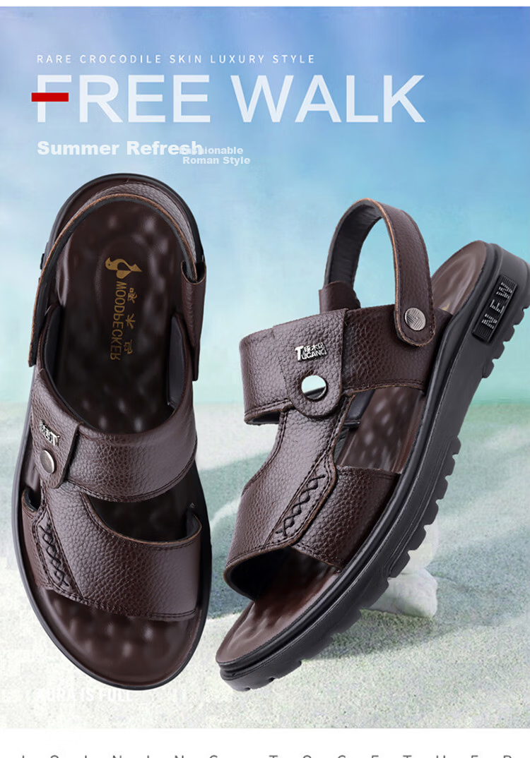 Woodpecker Men's Summer Casual Soft Sole Genuine Leather Beach Sandals Non-Slip Cowhide 2