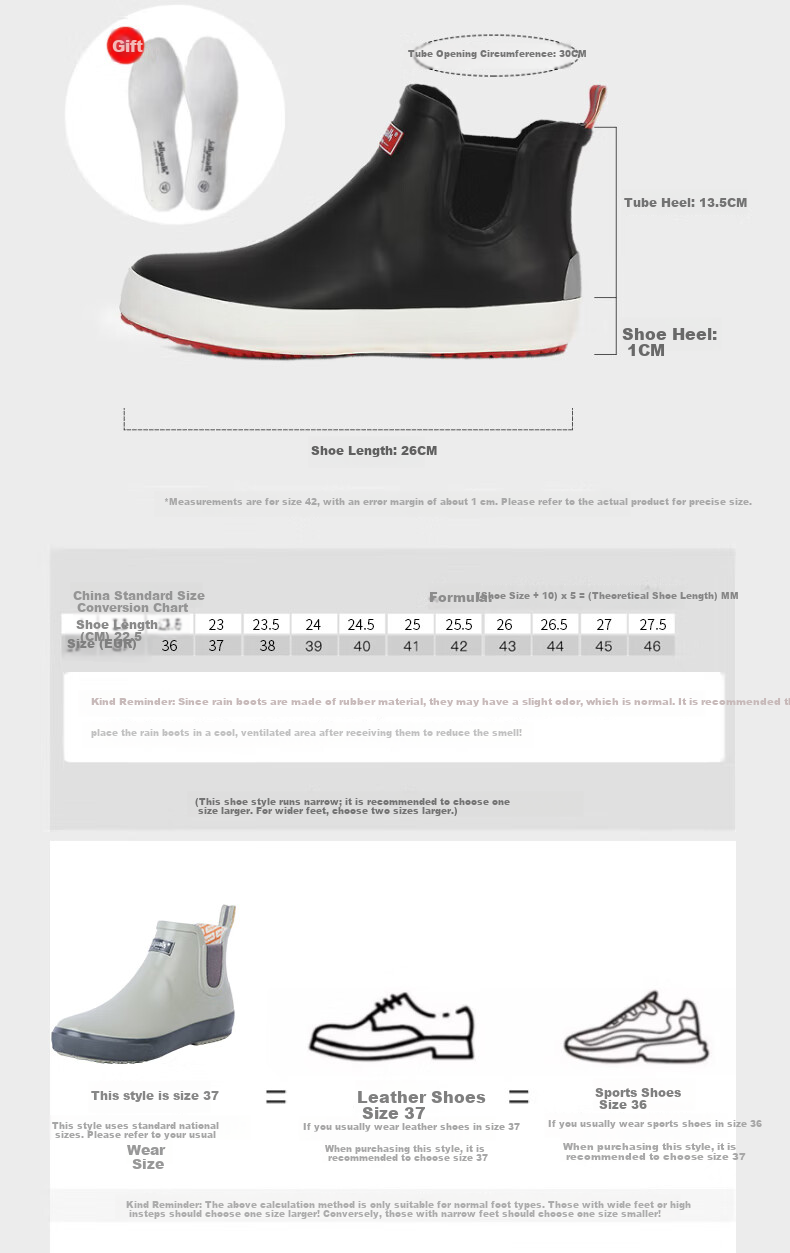 Jolly Walk Men's Low-Cut Waterproof Rain Shoes Water Boots Non-Slip Car Wash Fishing Rubber Shoes JW208 Black Red Size 36 16
