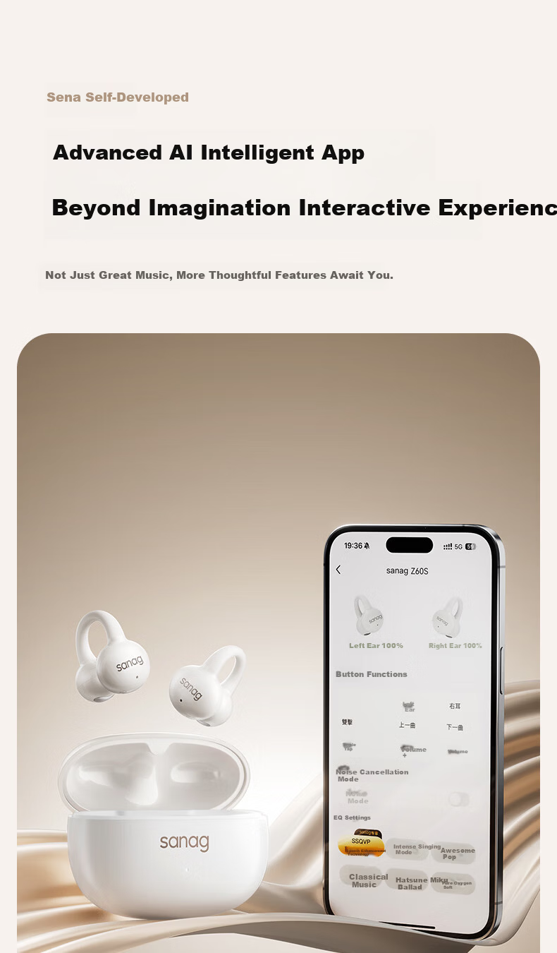 SANAG Z60S Bluetooth Headphones, Clip-On Wireless Bone Conduction Open-Style Gaming AI Translation Call Noise Reduction Ultra-Long Battery Life 2026 New Model Compatible with Apple, Huawei, Xiaomi 17