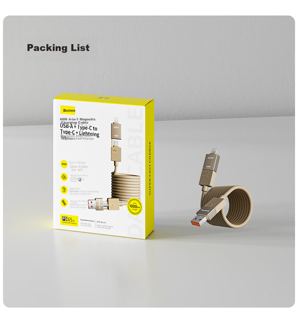 Beimo Magnetic Charging Cable 240W Fast Charge 4-in-1 Data Cable Car Data Cable Compatible with Apple 17/16/iPad/Laptop/Huawei/Xiaomi 1.2m 7