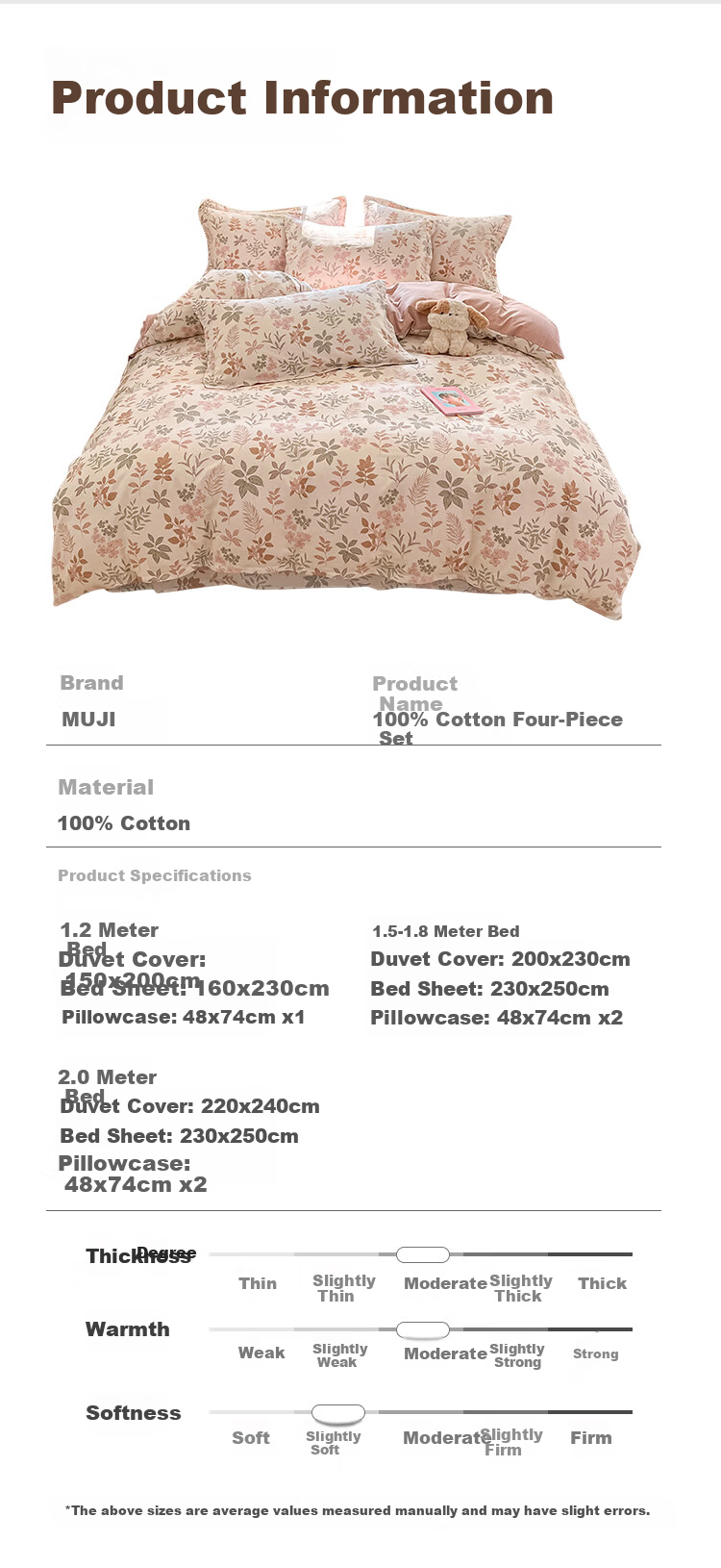 MUJI 100% Cotton Four-Piece Bedding Set 1.5/1.8m Bed A-Class Brushed Cotton Pillowcase Sheet Duvet Cover 200x230cm Rose Red 4