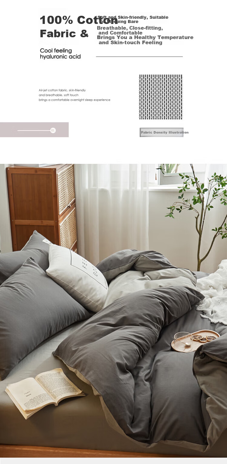 MUJI 100% Cotton Four-Piece Bedding Set, Pure Cotton Bed Sheet and Duvet Cover, Double Duvet Cover 200x230cm for 1.5/1.8m Bed 4