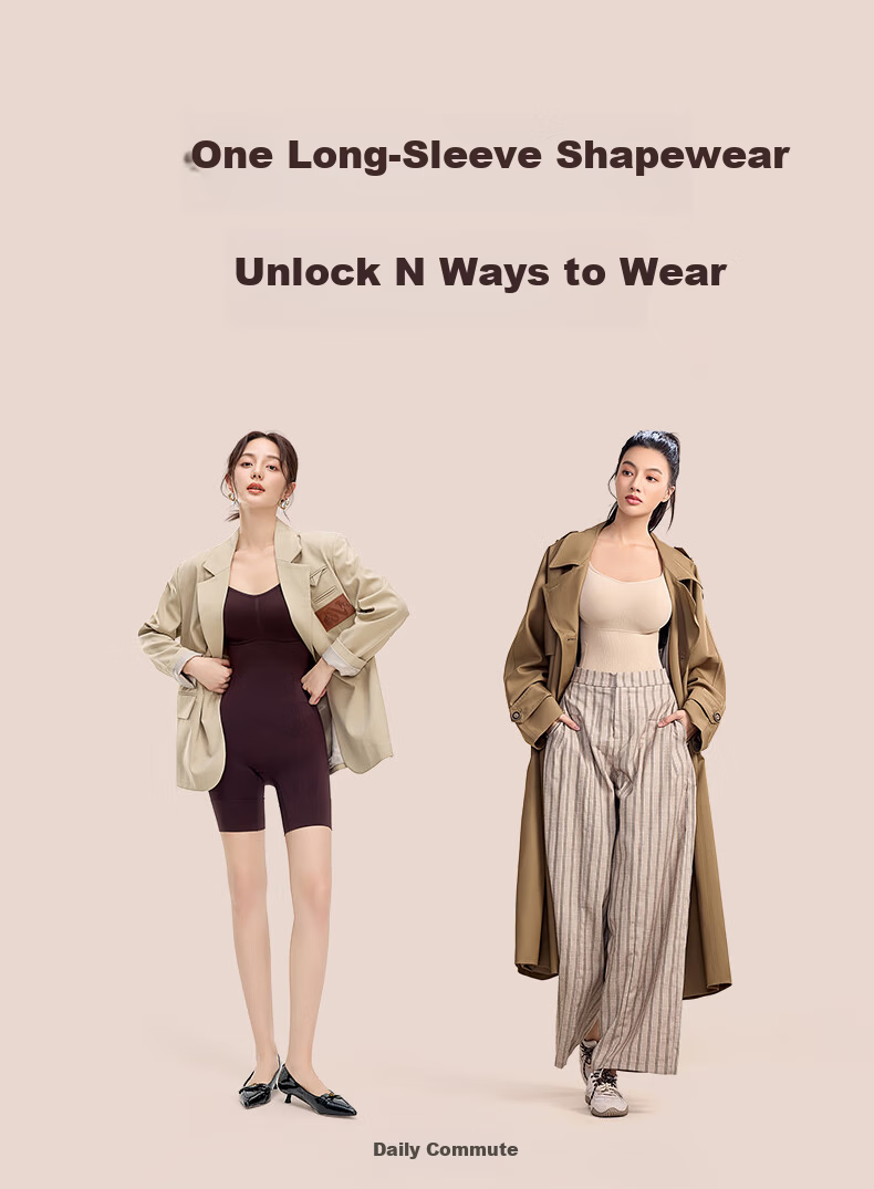 Curvilism [Victoria Song Style] Black Chocolate Long Sleeve Bodysuit Shapewear Tummy Control Hip Lift Nude Feel [Long Sleeve] M 19