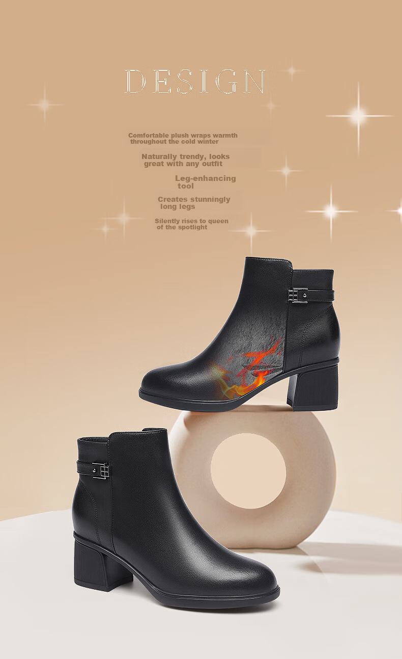 Red Dragonfly Women's Soft Leather Mid-Heel Fleece-Lined Boots, Mid-Aged Thick Heel Leather Boots WFC440981 Black Size 36 2