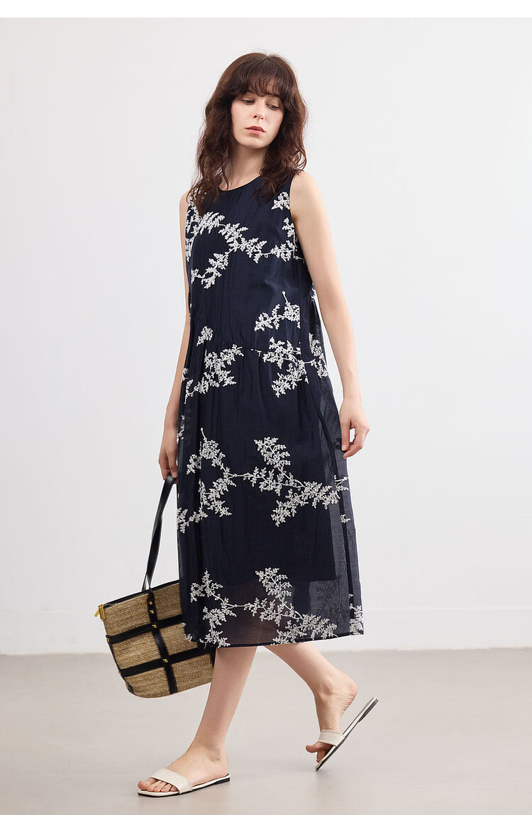 Demana [Lycra Breath Poem] Summer Vacation Style 3D Embroidered Sleeveless Patchwork Elegant Mid-Length Dress for Women 18