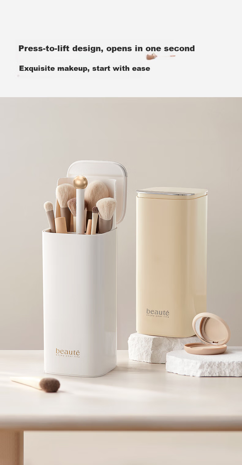 EACHY Makeup Brush Storage Cylinder with Press-Open Lid, Desktop Storage Box, Dustproof Covered Lipstick Organizer - Almond Pink 2