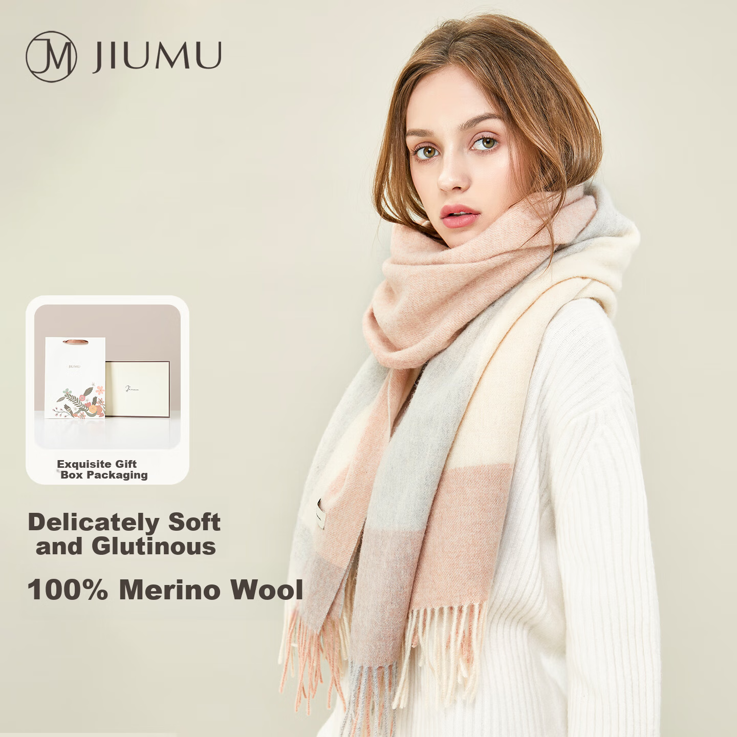 JIUMU Pure Wool Scarf for Women Autumn Winter Warm Shawl Large Wrap Gift Box New Year Birthday Present for Girls