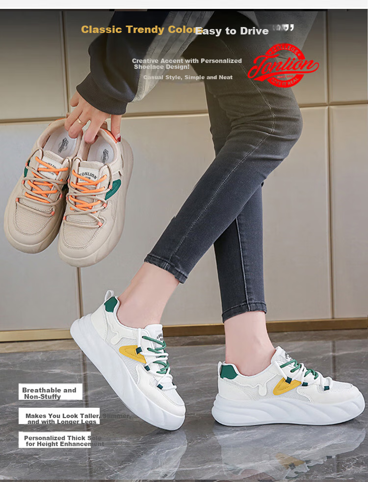 TonLion Women's Spring Summer Student Sneakers Thick Sole Height Increasing Casual White Green Shoes Size 40 1