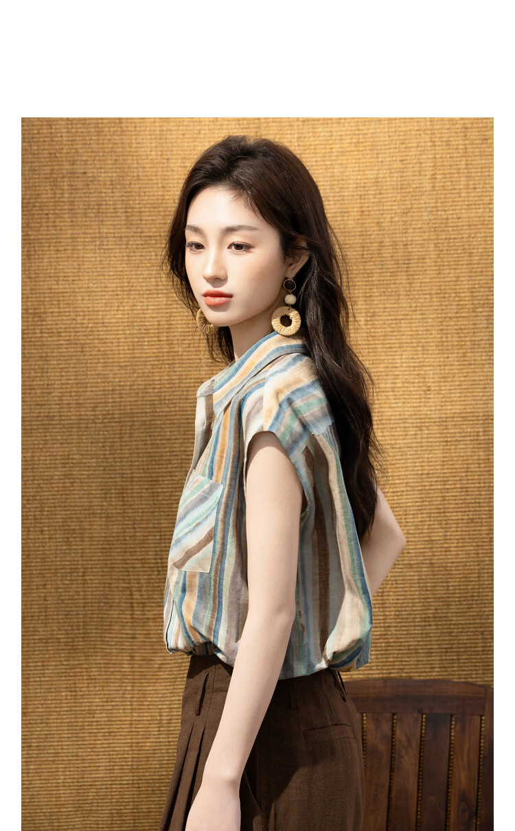 Demana Fresh Cotton Summer Urban Vintage Retro Collar Short Sleeve Striped Printed Loose Slim Shirt for Women Premium Quality 10