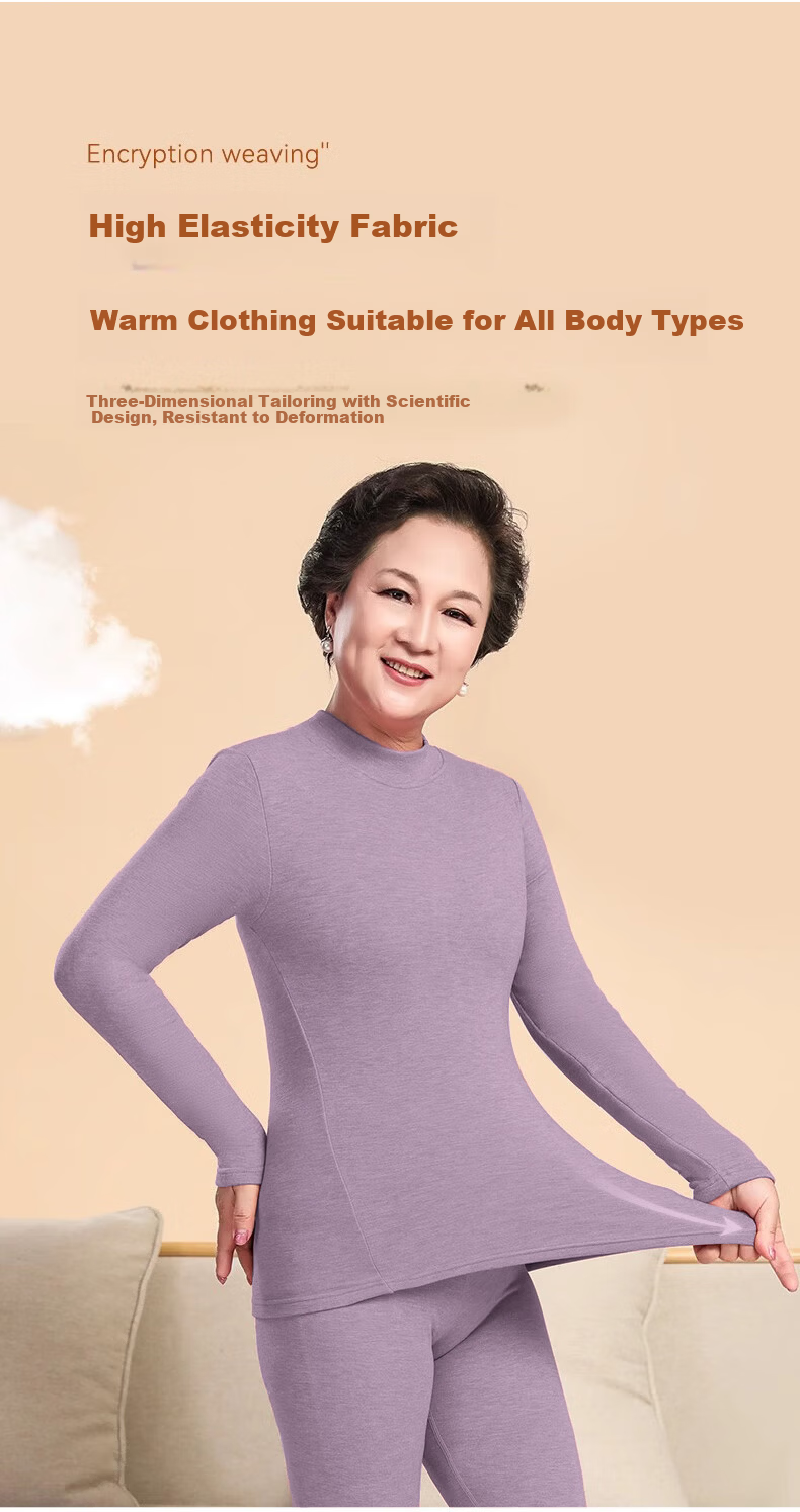 LangSha Women's Autumn Thermal Underwear Set Mid-Aged and Elderly Mid-Neck Windproof Warm Wool and Silk 7A Antibacterial Thin Warm Innerwear Set 14