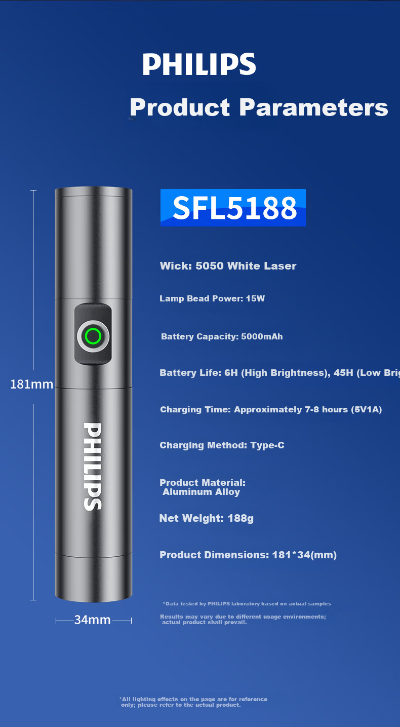 PHILIPS Ultra-Bright Flashlight 200000 Lumens Compact Outdoor Home Use Long Battery Life Patrol Light Model 5188 8