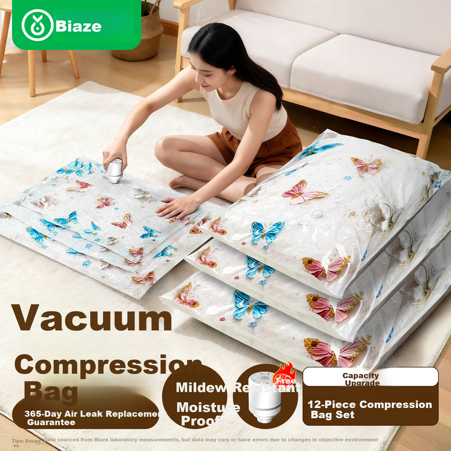 BIAZE Vacuum Compression Storage Bags for Clothes and Quilts with Electric Pump 12-Piece Set