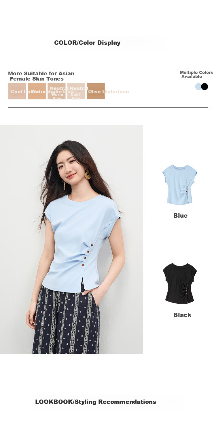 Shangdubila Cotton Blend Crew Neck Youthful T-Shirt for Women Spring Summer Side Slit Slim Fit Knitted Top Color-Block Button Pleated Women's Wear 3