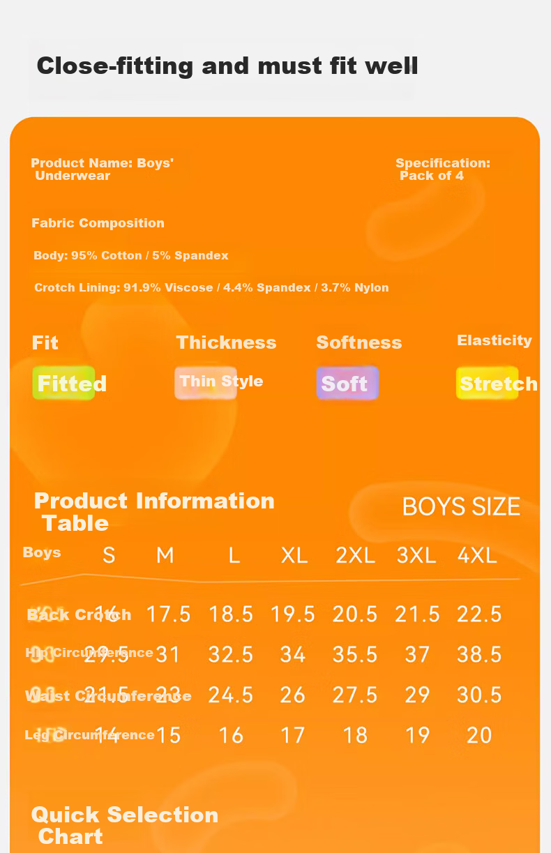 Mianqixiong Boys' Cotton Underwear A-Class Boxer Briefs 2025 New Style 4-Pack NG203 XXXL 12