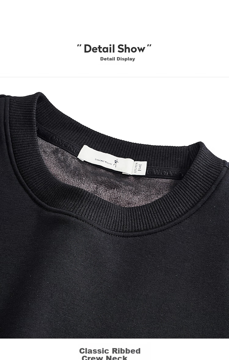 Dancing with Wolves [Fleece Lined Warmth] Autumn Winter Embroidered Round Neck Thickened Men's Sweatshirt 001 Black 175 15