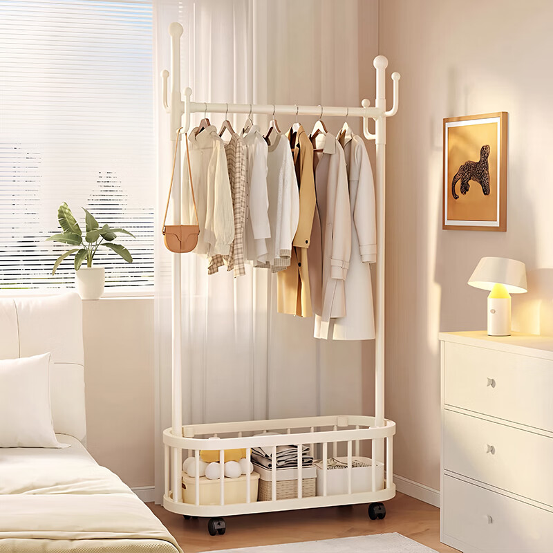 Yaoying YJ21 White Double-Layer 120cm Floor Standing Coat Rack Mobile Clothes Hanger