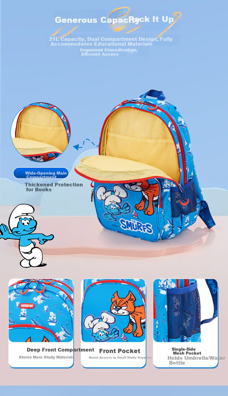 AMERICAN TOURISTER Boys' Safe Backpack Set for Grades 1-4, Children's Antibacterial Lightweight Blue Smurfs UF5 Backpack 7