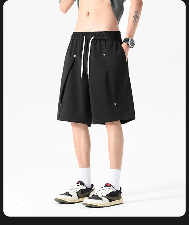 POUM Rivet Decor Men's Summer Shorts American High Street Loose Fit Five-Point Pants K8873 Black 3XL 5