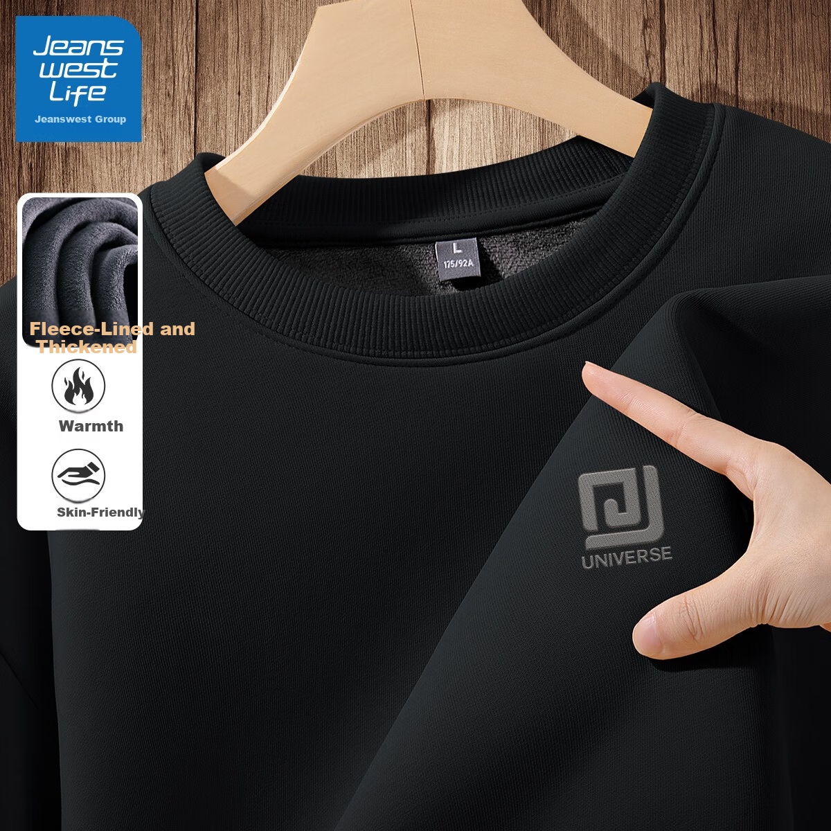 JEANSWEST LIFE Men's Fleece-Lined Crew Neck Sweatshirt Autumn Winter Cold-Resistant Warm Youth Jacket American Streetwear