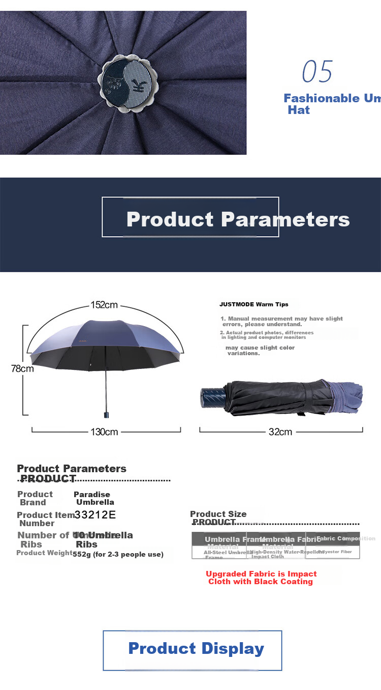 Tiantangshan Double-Person Umbrella, Three-Fold, 10 Ribs, Extra Large Size, Windproof, Sun Protection, Dual-Use for Rain And Shine, Sunshade, Black Gel Carbon Black Color 2