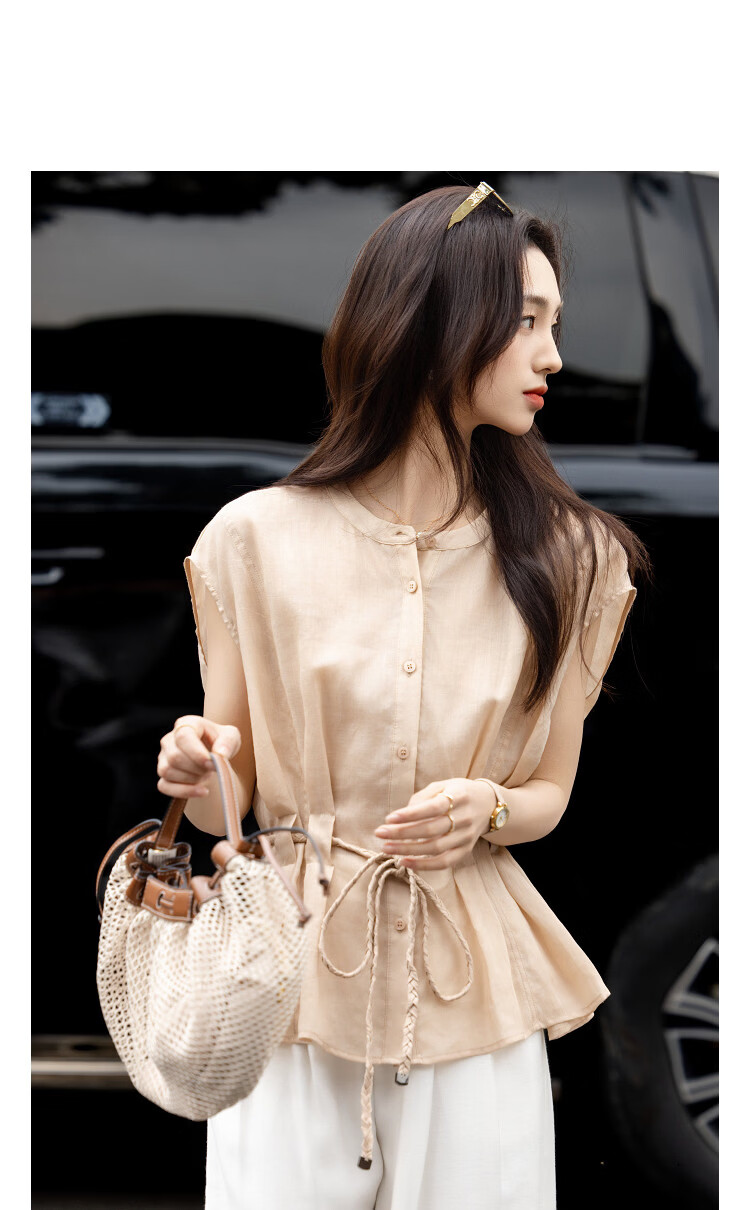 Demana [Ramie Lyocell Blend] Summer Urban High-Waist Twisted Knot Belt Loose Slim Shirt for Women Premium 17