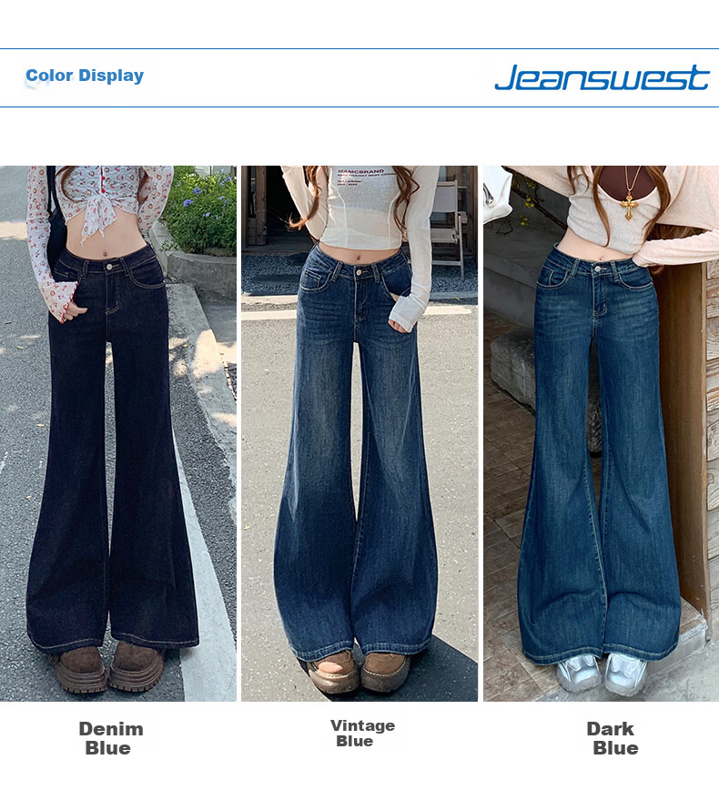 Jeanswest Women's Summer High-Waist Slimming Wide-Leg Casual Flowy Bootcut Jeans Dark Blue XL 7