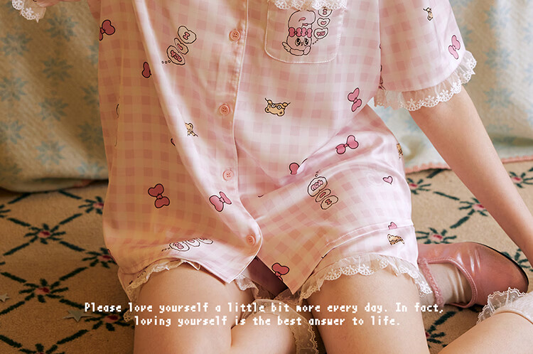 Gukoo Women's Summer Pajamas Ice Silk Sweet Plaid Homewear Set Thin Mesh Pink S 15