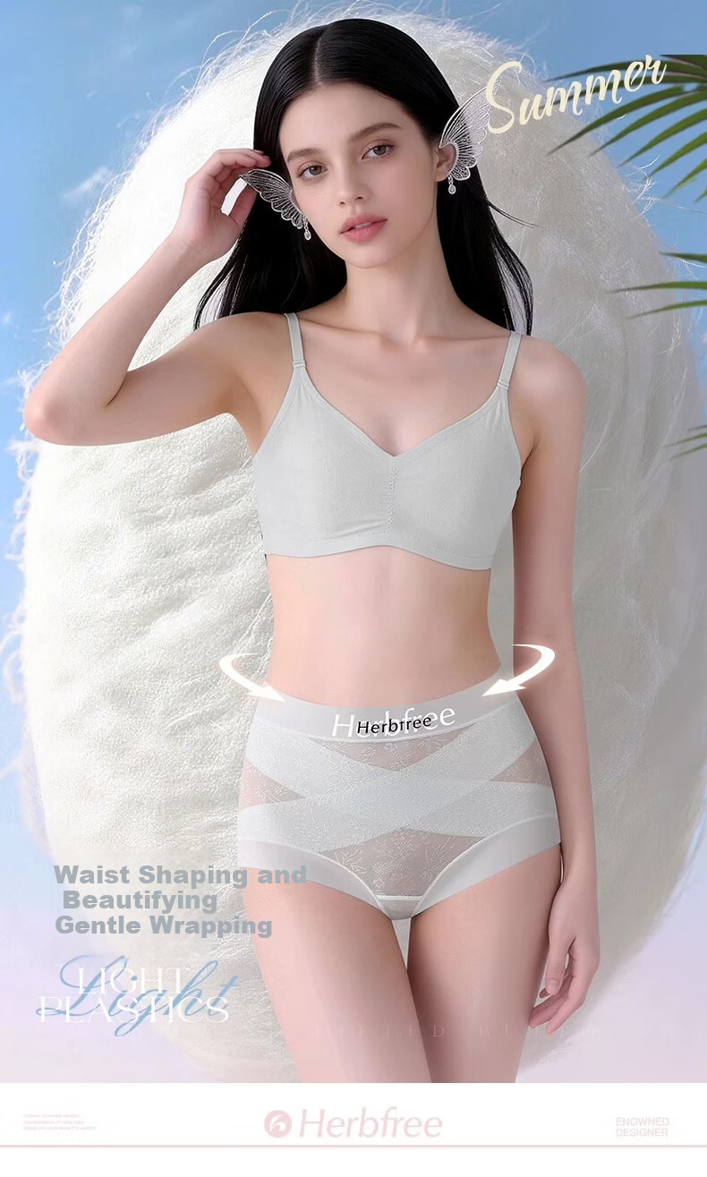 Herbal Original Color Probiotic Mulberry Silk Gusset High-Waist Tummy Control Polylactic Acid Jacquard Lace Nude Feel Women's Shaping Underwear 3