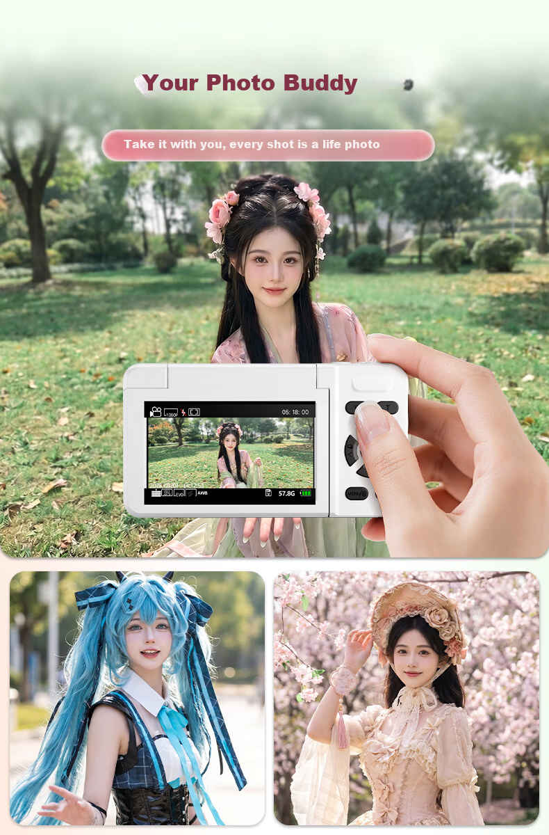 FAMUE HD CCD Digital Camera Student Retro Beauty Card Camera Girls Flip Screen Selfie Campus Travel Vlog Entry-Level Camera Birthday Gift 64G White 10