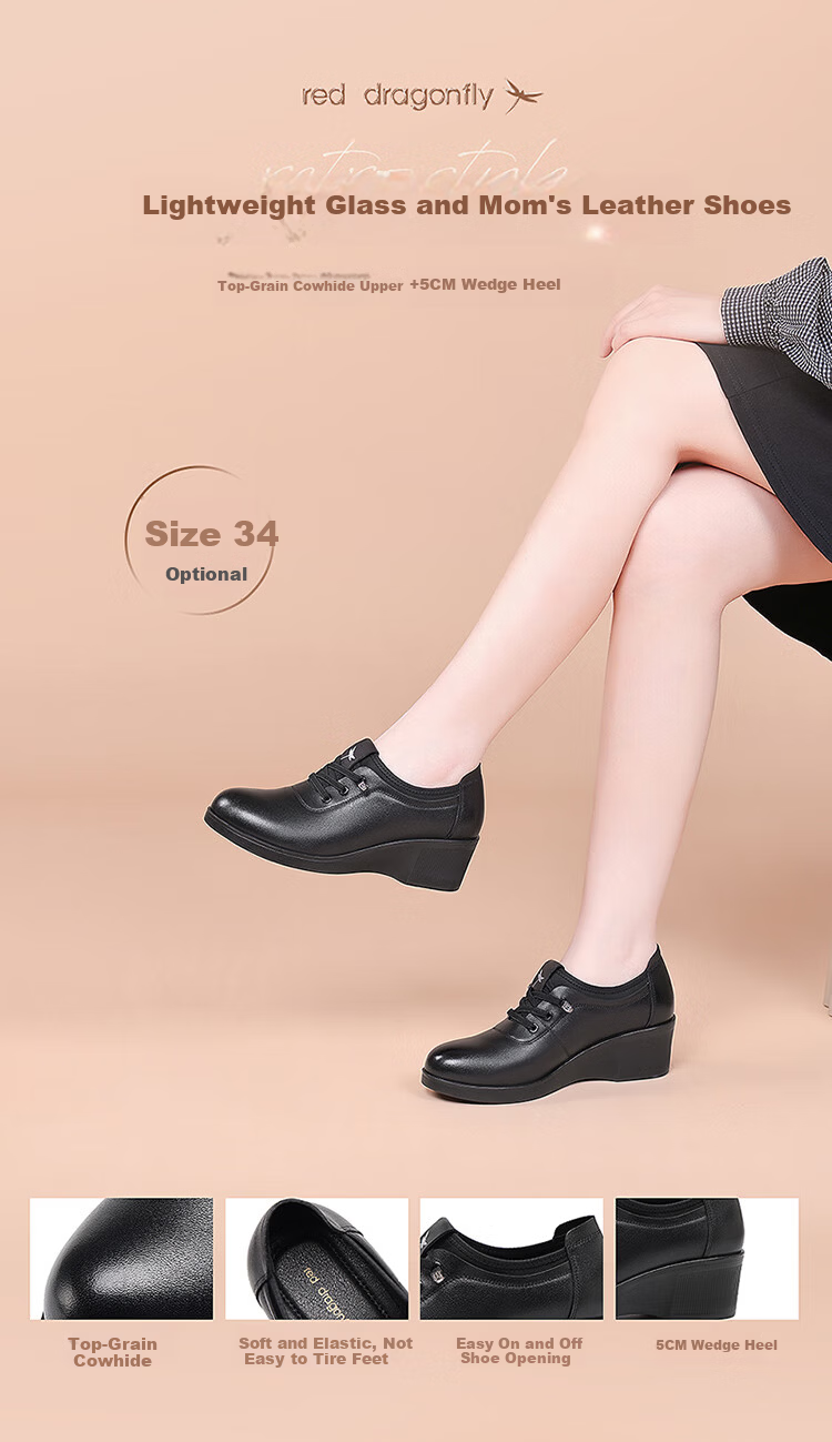 Red Dragonfly Women's Small Leather Shoes Autumn Cowhide Breathable Flats Versatile Soft Sole Work Shoes WTB352111 Black Size 39 1