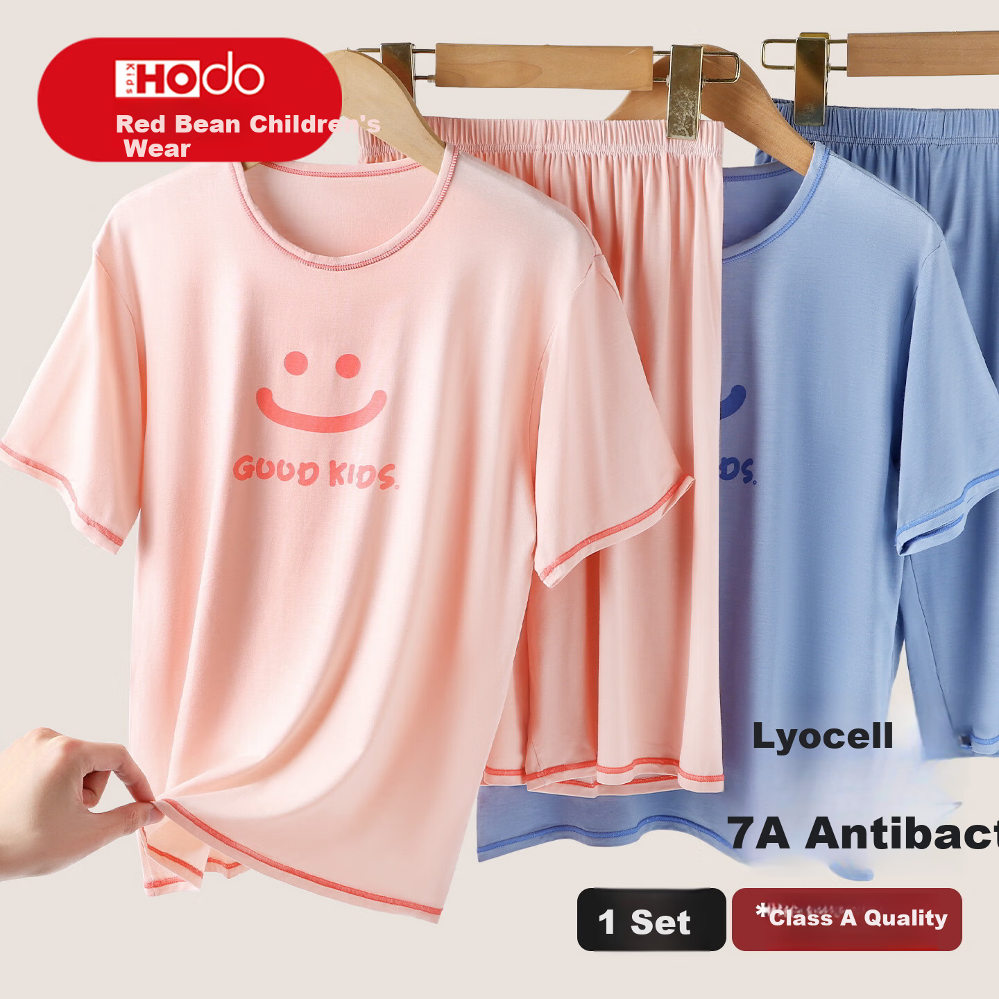 Hodo Kids A-Class Lyocell Summer Thin Antibacterial Girls Short Sleeve Pajama Set for Older Children Air Conditioning Wear