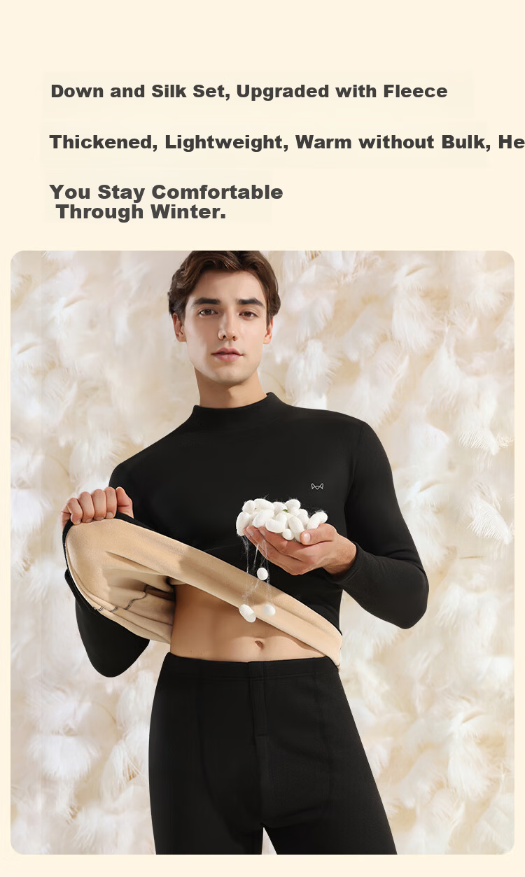 MiiOW [Goose Down & Silk 7A Antibacterial] Men's Thermal Underwear Fleece Thickened Autumn Shirt and Pants Warm Set 5