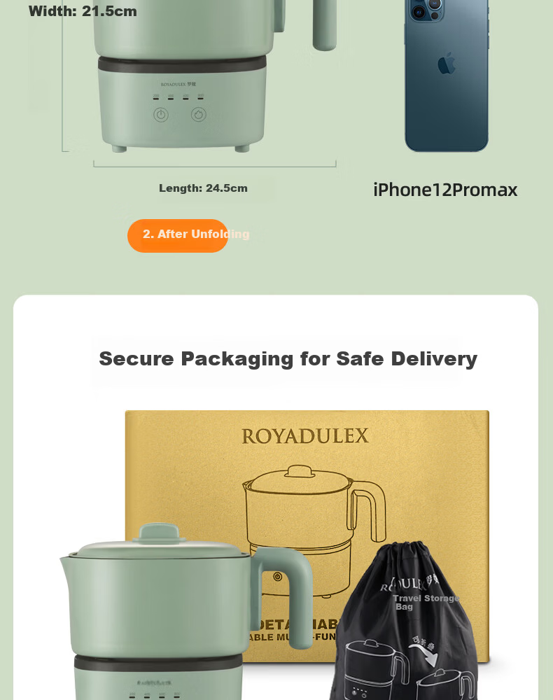 ROYALTY LINE Portable Electric Cooking Pot 2.2L Foldable Travel Pot 800W Detachable Dormitory Pot for 1-2 People Electric Hot Pot Smart Temperature Control Multifunctional Cooker 17