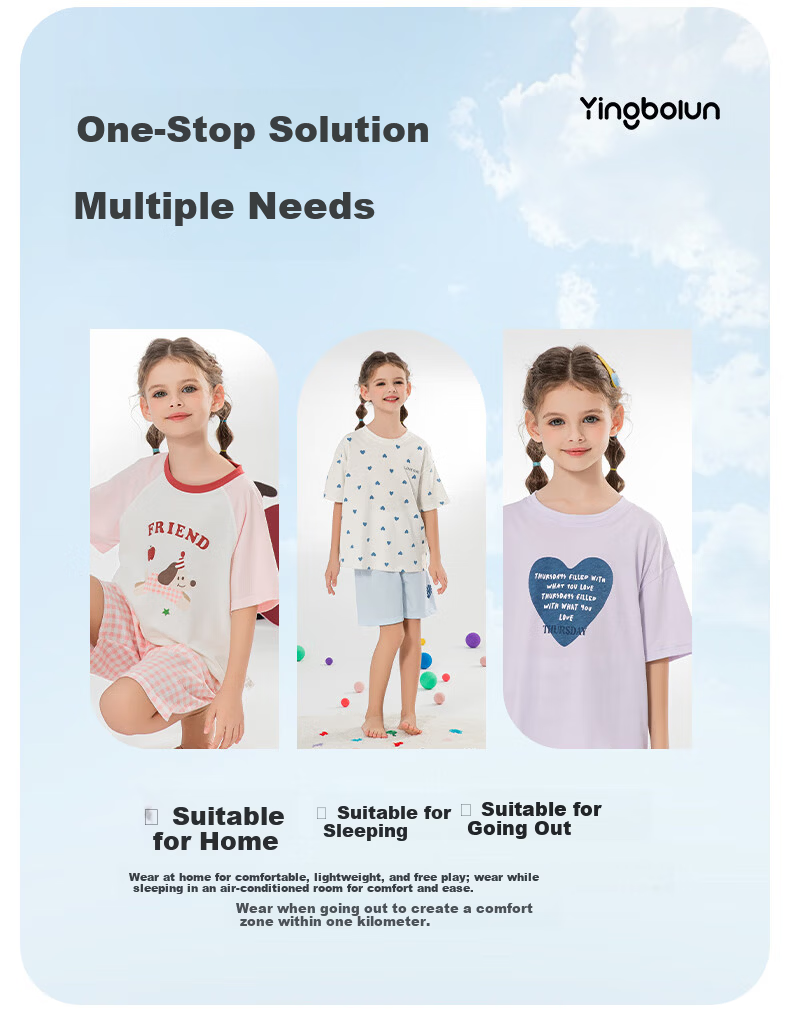YING BO LUN Girls' Short-Sleeve Set, Summer Lightweight Children's Loungewear, Big Kids Girls Pajamas, 20878 Water Blue, Size 140 2