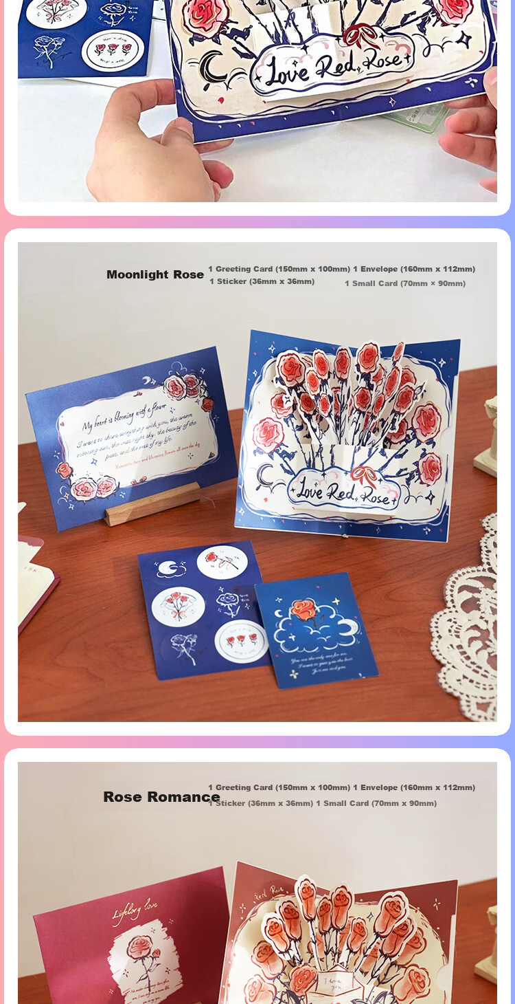 Jufu 3D Pop-Up Greeting Card High-End Foldable Rose Blessing Cute Confession Card Set for Girls Friends Birthday Graduation Anniversary 520 Gift 2