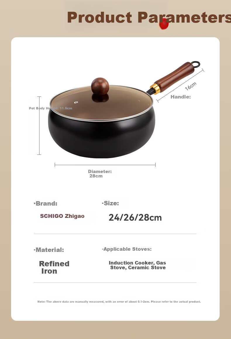 CHIGO Zhangqiu Large Belly Stir-Fry Pan Non-Coated Iron Wok Household Cooking Pan Stew Non-Stick Compatible with Induction Cooker and Gas Stove 28CM 9