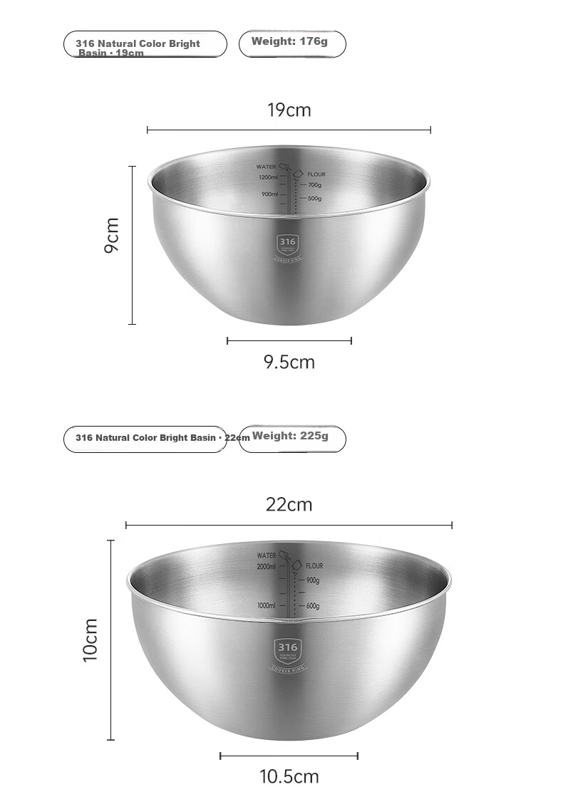 COOKER KING 316 Stainless Steel Thickened Deep Mixing Bowl 25cm Kitchen Vegetable Washing Dough Beating Salad Bowl Home Use 2